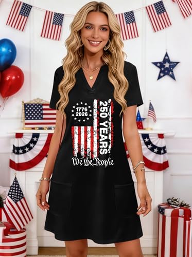 Image of Ithalt 4th of July Dresses for Women Patriotic Dress Red White and Blue Outfits American Flag V Neck Sundress with Pockets