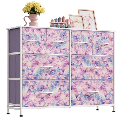 Image of WLIVE Dresser for Bedroom with 8 Drawers, Wide Fabric Dresser for Storage and Organization, Bedroom Dressers, Chest of Drawers for Living Room, Closet, Hallway, Tie-dye Print (Pink, Purple, Blue)