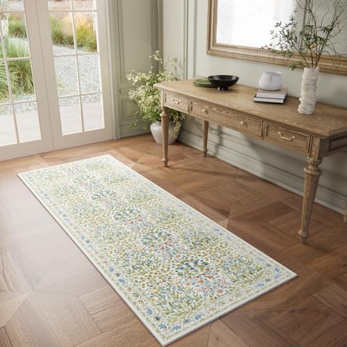 Image of Non-Slip Bathroom Runner Rug 2x6 Feet, Washable Long Kitchen Hallway Laundry Mat, Beige Green Vintage Floral Design