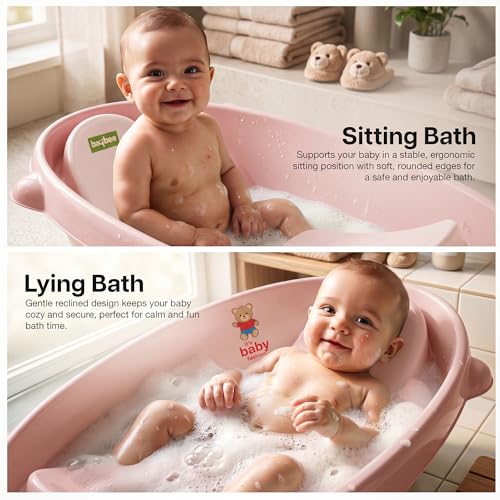 Image of Baybee AquaHug Baby Bath Tub for 0 to 5 Years | Ergonomic Bath Tub for Kids with Anti-Slip Base & Quick Drains | Sitting & Lying Babies Bather & Baby Bathing Tub for Boys Girls (Pink)
