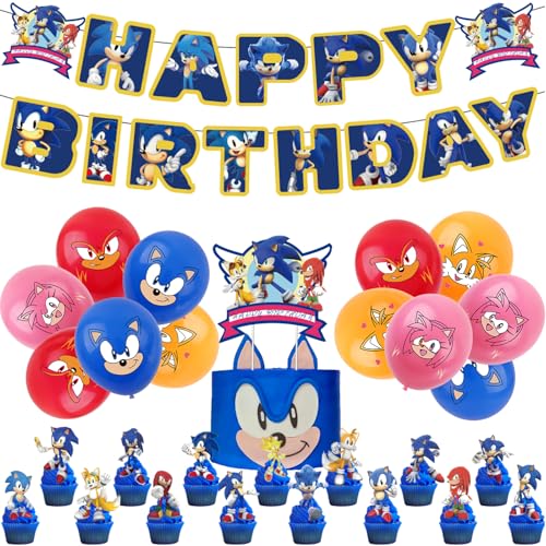 44Pcs Sonic Birthday Decorations - Happy Birthday Banner Latex Balloons Cake Toppers Spiral Hangers for Kids Sonic Theme Party