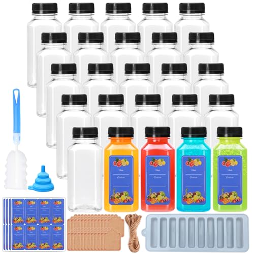 Flrolove 25 Pack 8oz Plastic Juice Bottles with Caps - Clear Drink Containers with Lids, Reusable Bulk Beverage Containers for Juice, Smoothies, Ginger, Tea, Coffee and More