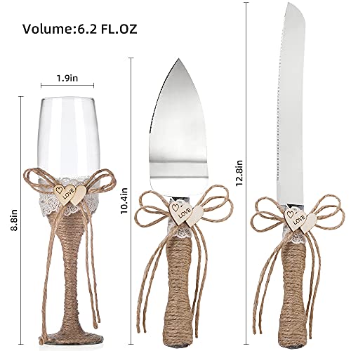 Litiny 4 Piece Rustic Wedding Supplies -Wedding Champagne Glasses,Cake Knife And Pie Server Set, 2 Toasting Champagne Flutes, 1 Pie Server And 1 Cutting Knife, Bride Groom Gifts (Rustic) #TOP3