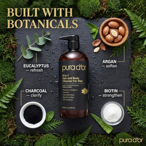 PURA D'OR 8-in-1 Hair & Body Cleanser for Men, All-in-One Shower Wash, 24oz | Refreshes, Softens, Face, Beard Care, Organic Aloe Vera, Lemongrass, Biotin, Caffeine, Sulfate-Free, Daily Grooming Routine - image 4