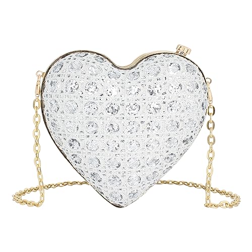 U Scinan Heart Shape Crossbody Bag for Women, Shiny PU Leather Clutch Purse with Detachable Strap, Fashion Shoulder Bag (Silver)