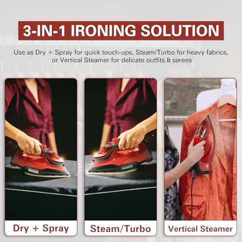 Image of Hamilton Beach Helios 3-in-1 Steam Iron with iSense Tech, (No Burn Guarantee), 5-Year Soleplate Warranty, 120g Turbo Steam, 30g Continous Steam, Steam Iron for Clothes, No Fabric Selector