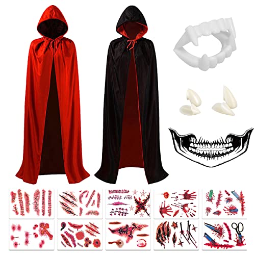 Hook Umhang Schwarz Rot mit Kapuze(140cm), Vampir Teufel Kostüm Halloween Tod Kultfaktor Hexe für Herren or Damen, 10x Temporäre Tattoos, 4X Vampirzähne Cover