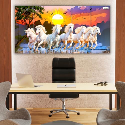 Image of 7 Horses Painting - 24 x 48 Inch 5 Piece Panel Wall Decor Painting | Seven Horse Vastu Wall Frame with Rising Sun | Sparkle Laminated Vinyl on 7mm MDF | For Living Room, Office & Bedroom