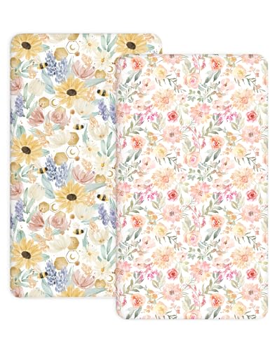 Image of Pack and Play Sheets 2 Pack, Fitted Jersey Knit Mini Crib Sheets for Baby Boys and Girls, Compatible with Graco Pack N Play and Mini Crib Mattress (Golden Meadow, Pack N Play /Mini Crib Sheets)