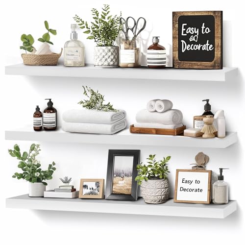 ABSWHLM 3-Pack Floating Wall Shelves 24-Inch Rustic White Wooden Shelves for Storage and Dcor Easy Installation for Living Room Bedroom and Kitchen