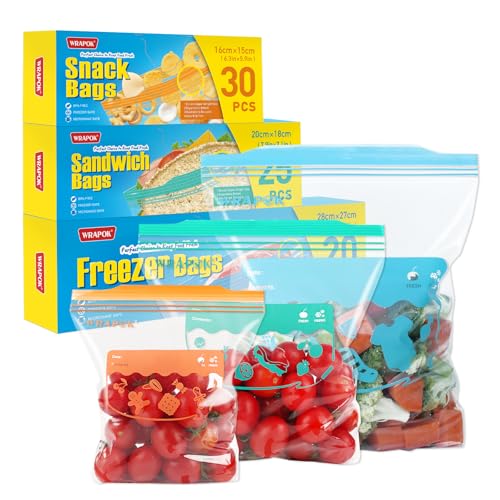 WRAPOK 75 Pcs Zip Lock Freezer Bags Large Food Bag Plastic Ziplock Storage Reusable Sandwich Bag for Kitchen(3 Sizes)