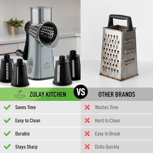 Image of Zulay Kitchen Rotary Cheese Grater 5 Blade Cheese Shredder - Manual Hand Crank Cheese Grater With Reinforced Suction & 5 Interchangeable Drums - Easy to Use, Vegetable Chopper Round Mandoline Slicer