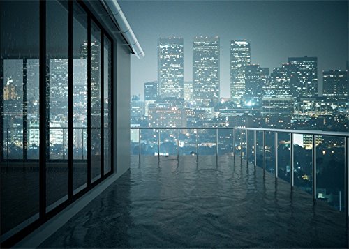 Laeacco Aerial View City Landscape 10x6.5ft New York City Night View Backdrop Skyscraper Shining Lights French Window Romantic Balcony Photography Background Girls Adults Photo Studio Props Shooting