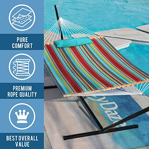 Image of Lazy Daze Hammocks 12 FT Quilted Fabric Double Hammock with Spreader Bars, Detachable Pillow and Carabiners, 450lbs Weight Capacity, Rainbow Stripes