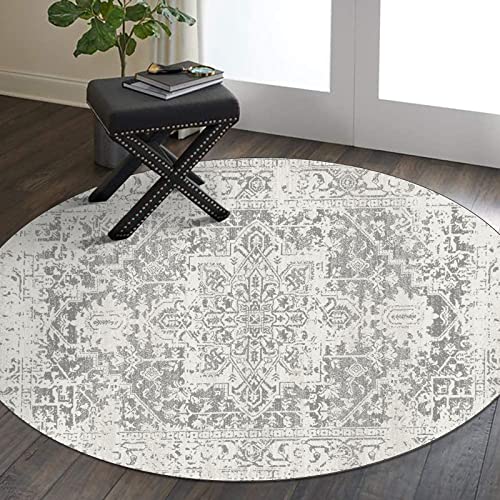 Roomtalks Flatweave Ultra Thin Vintage Persian Round Circle Area Rug 4Ft Non-Slip Heavy Duty Tpr Backed, Ivory Gray Boho Distressed Oriental Throw Rugs For Kitchen Bathroom Entryway Indoor Bedroom #TOP3