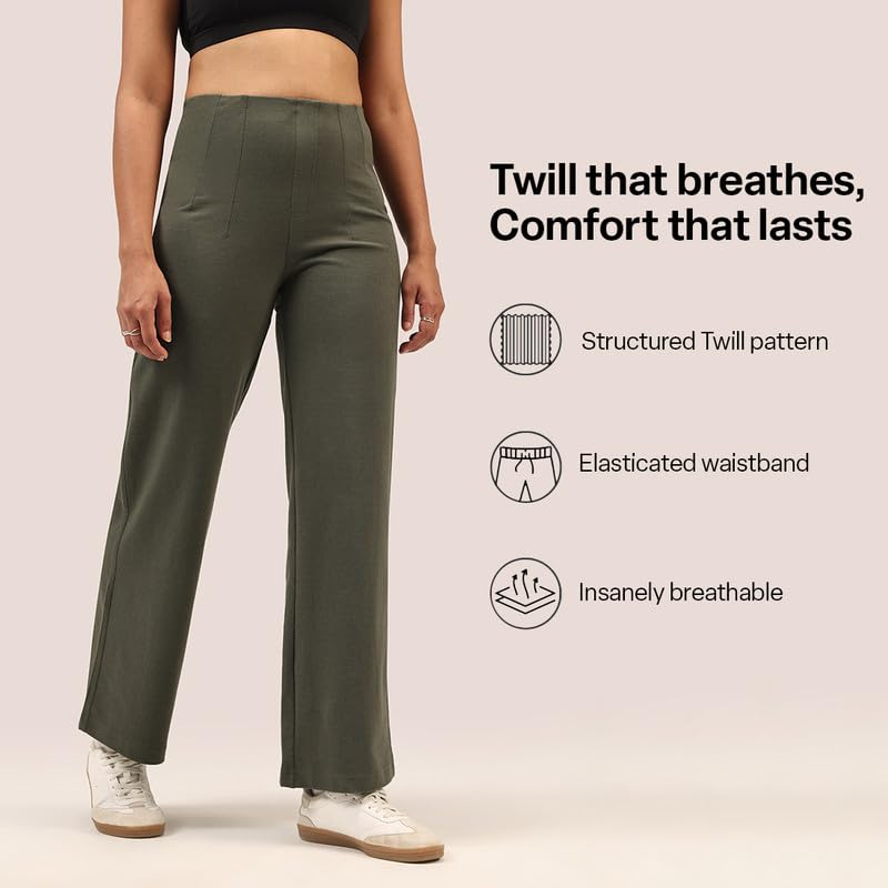 Image of BlissClub Womens Work-to-Wine Twill Wide Dart Pants Insanely Breathable Elasticated Waistband 2 Pockets Mock Fly | Wide Silhouette Stylish Pleats