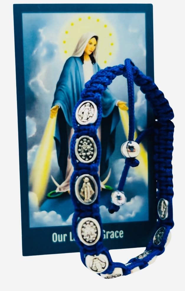 Westmon Works Miraculous Medal Bracelet Blue Paracord and Metal Charms Jewelry with Our Lady of Grace Holy Card Set2