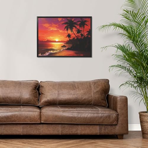 Impressions sur toile coucher de soleil tropical et tableau bord de mer encadré noir