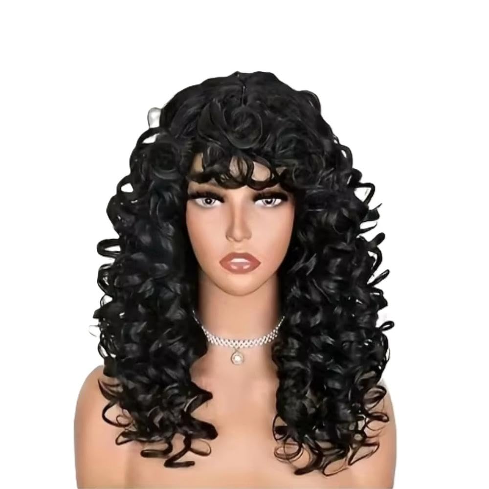 Haarpflege Schwarze Lockige Perücke Für Frauen Mit Pony. Schwarze Lockige Haarperücke Für Den Täglichen Gebrauch Und Cosplay