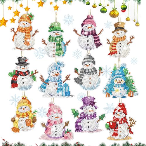 12 Stück Multicolor Schneemann Diamond Painting Schlüsselanhänger Kit Diamond Painting Weihnachten Anhänger Bastelset weihnachten kinder DIY Doppelseitige Diamond Painting Weihnachten Deko
