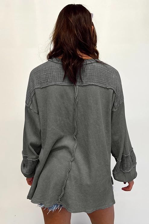 Image of Waffle Knit Long Sleeve Oversized Sweatshirt for Women Exposed Seam Patchwork Side Slit Pullover Sweaters for Women Fall Tops
