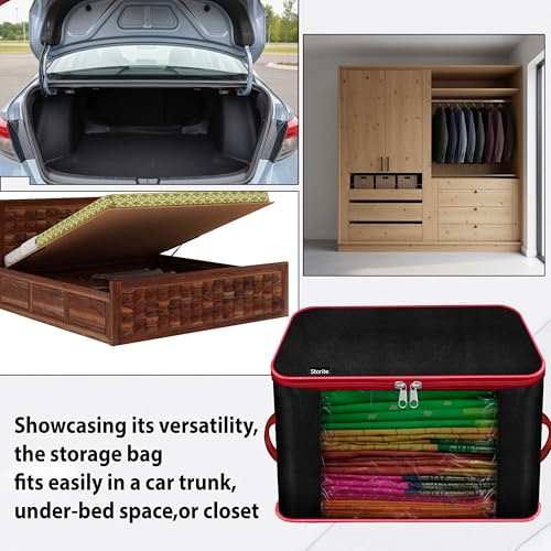 Image of Storite 5 Pack Nylon Underbed Storage Bags for Clothes with Zipper & Handle | Moisture-Proof Wardrobe Organizer Box for Sarees, Blankets & Toys | Foldable Cloth Storage Bags (Red & Black, 38x35x23 cm)