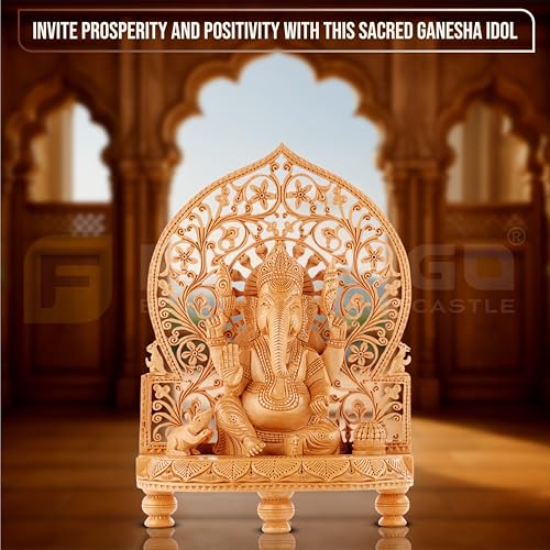 Image of Wooden Ganesh Idol /Handcraft Floral Carving Ganesh Murti /Wooden Ganesha Statue for Home Decor /Ganpati Murti for Home Temple, Pooja Room, Office & Festive Gifting (10.5 Inch)