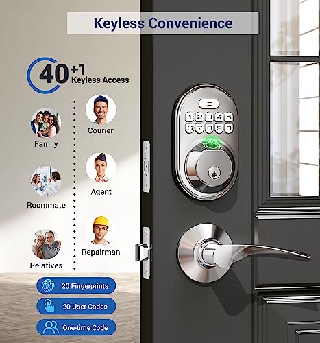 Veise Fingerprint Door Lock With 2 Lever Handles - Keyless Entry Door Lock, Keypad Door Lock With Handle, Electronic Deadbolt Front Door Lock Set, Auto Lock, Easy Installation, Satin Nickel #TOP2