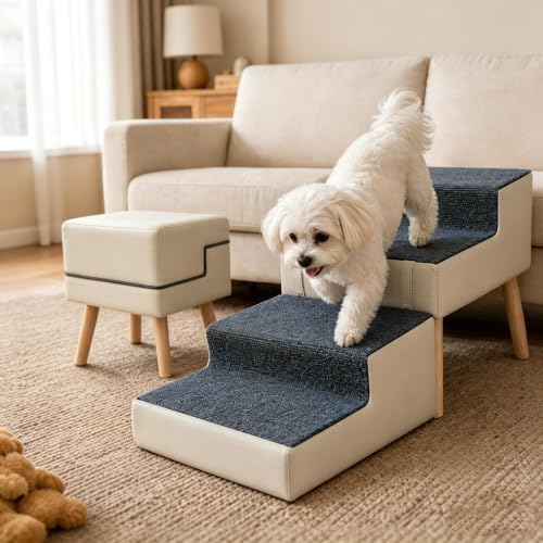 Image of 16 inch H Dog Stairs for Small Dogs, Foldable 2-in-1 Pet Steps & Ottoman, Non-Slip Dog Stairs for Couch, Wooden Pet Stairs Ramp for Puppy Senior Injured Dogs Grey