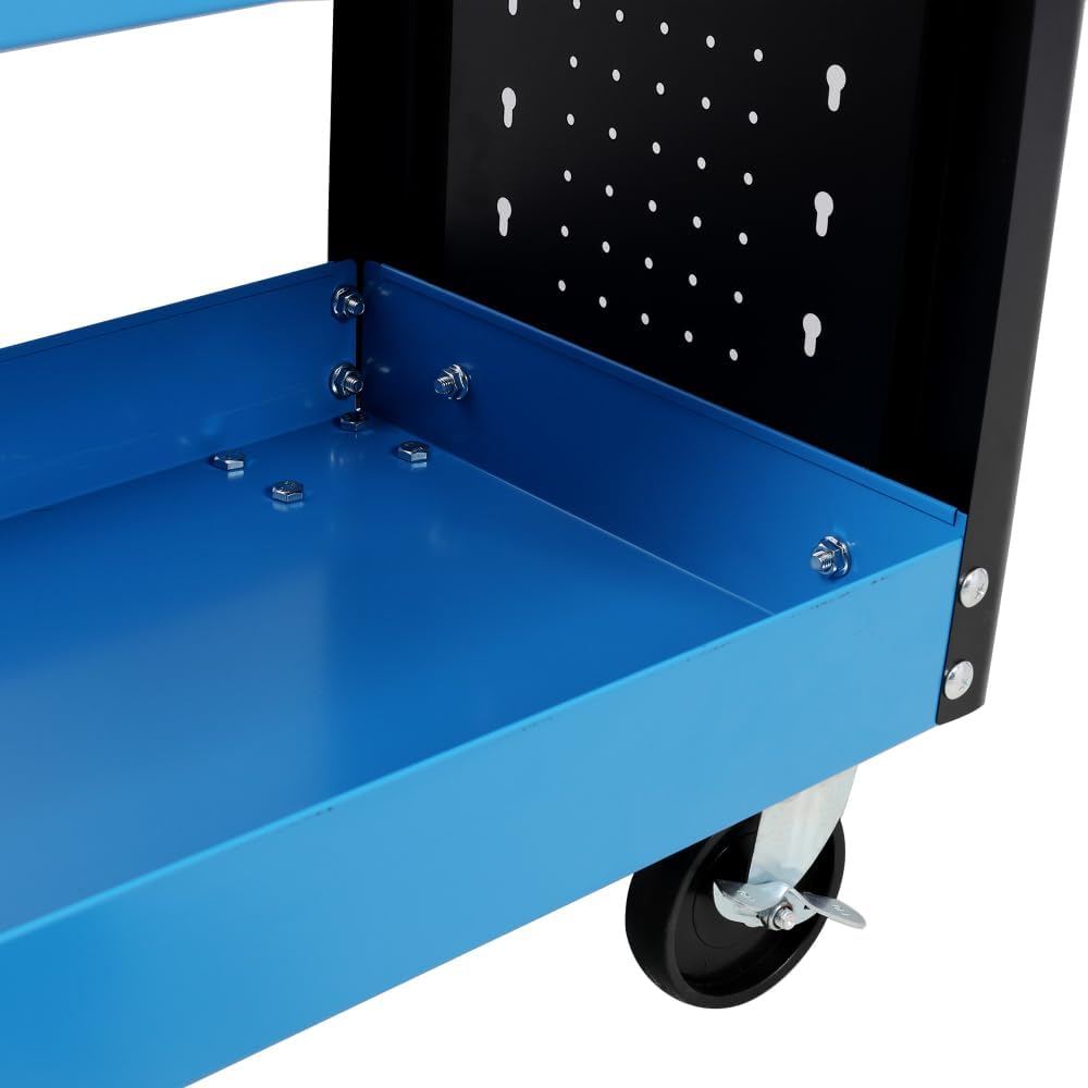 Heavy-Duty 3-Tier Rolling Tool Cart on Wheels with Pegboard & 660 lb Load Capacity – Mobile Utility Storage in Garage, Workshop or Warehouse (Blue)
