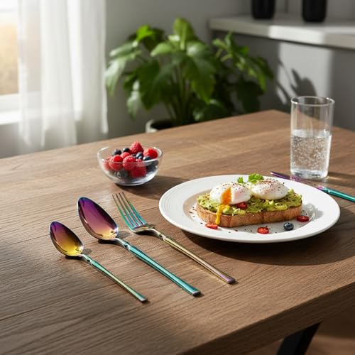 Image of Elegant Handle Rainbow 4 Pcs Stainless Steel Cutlery Set for Dining Table, Dishwasher Safe Glossy Flatware (1 Spoon Set+1 Forks Set+1 Butter Knife+1 Dessert Spoon)