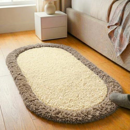 Image of Shaggy Runner, Polyester Rug, Hallway Carpet, Bedside Runner, Plush Area Rug, high Pile Rug, 2 inch Pile, Fluffy Floor mat. - (2x3 feet, Ivory /Beige, Oval)