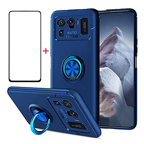 AKABEILA Custodia Xiaomi Mi 11 Ultra Cover Pellicola Protettiva Schermo Compatibile per Xiaomi Mi 11 Ultra 5G Custodia In Silicone Cavalletto Anello Grip Holder Antiurto[Vetro Temperato Gratuito], Blu