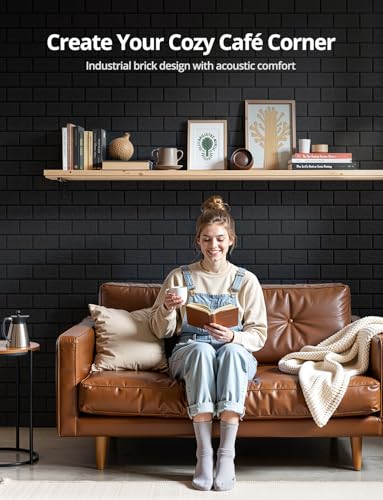 Image of Acoustic Wall Panels, Peel and Stick Sound Absorbing Panel for Ceiling, Door, Pared, 18 Pack 16 inchx12 inchx0.4 inch,Brick Pattern Black Decorative Self Adhesive Wall Tiles for Recording Studio, Room