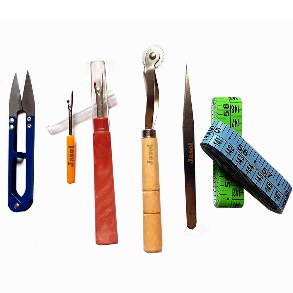 jasol Combo Tools Pack Sewing Tailoring Measurement Tapes 2 Pices with Seam Rippers, Thread Cutter, Tracing Marking Wheel, Overlock Machine Tweezers. (Multi Colar)