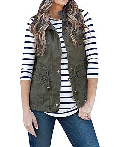 Women's Casual Lightweight Drawstring Zipper Military Vest Jacket Coat with Pockets Army Green M