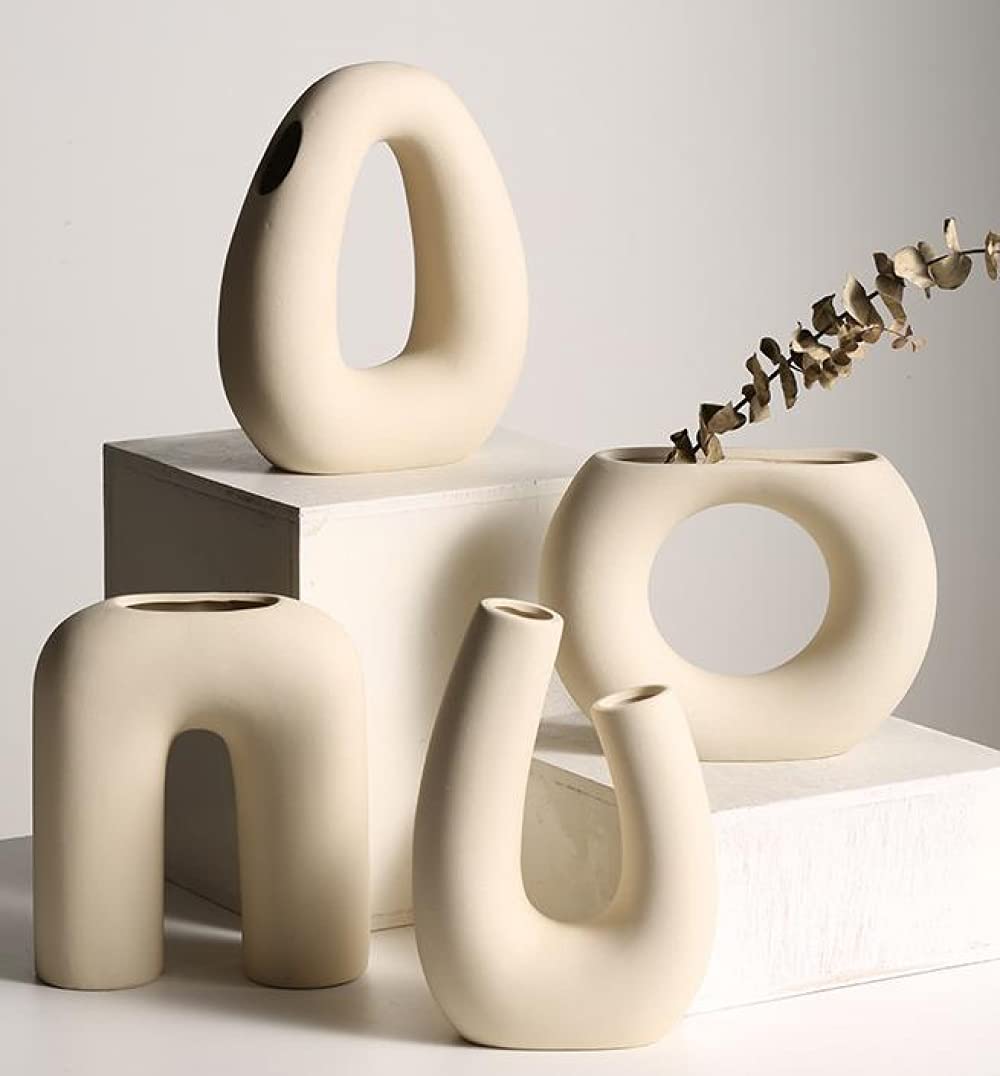 Whole Housewares Vaso in ceramica, vaso decorativo a forma di ciambella in stile nordico bohémien, con foro per la casa moderna, rotondo, minimalista, opaco, vaso per fiori di pampa, decorazione per
