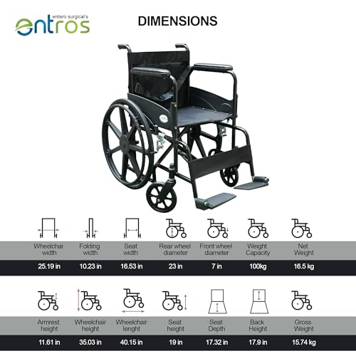 Image of Entros Foldable Wheelchair for Adults & Patients | Magwheel Manual Wheelchair with Swing-Away Footrests & Comfortable Upholstery Seat, Black | Ideal For Old People & Patient, 875G