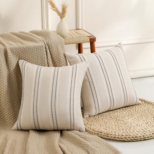 Hckot Throw Pillow Covers 22x22 Set of 2 Striped Pillow Covers Textured Linen Decorative Pillows Square Cushion Covers for Sofa Couch Bed Living Room Farmhouse Decor, Grey