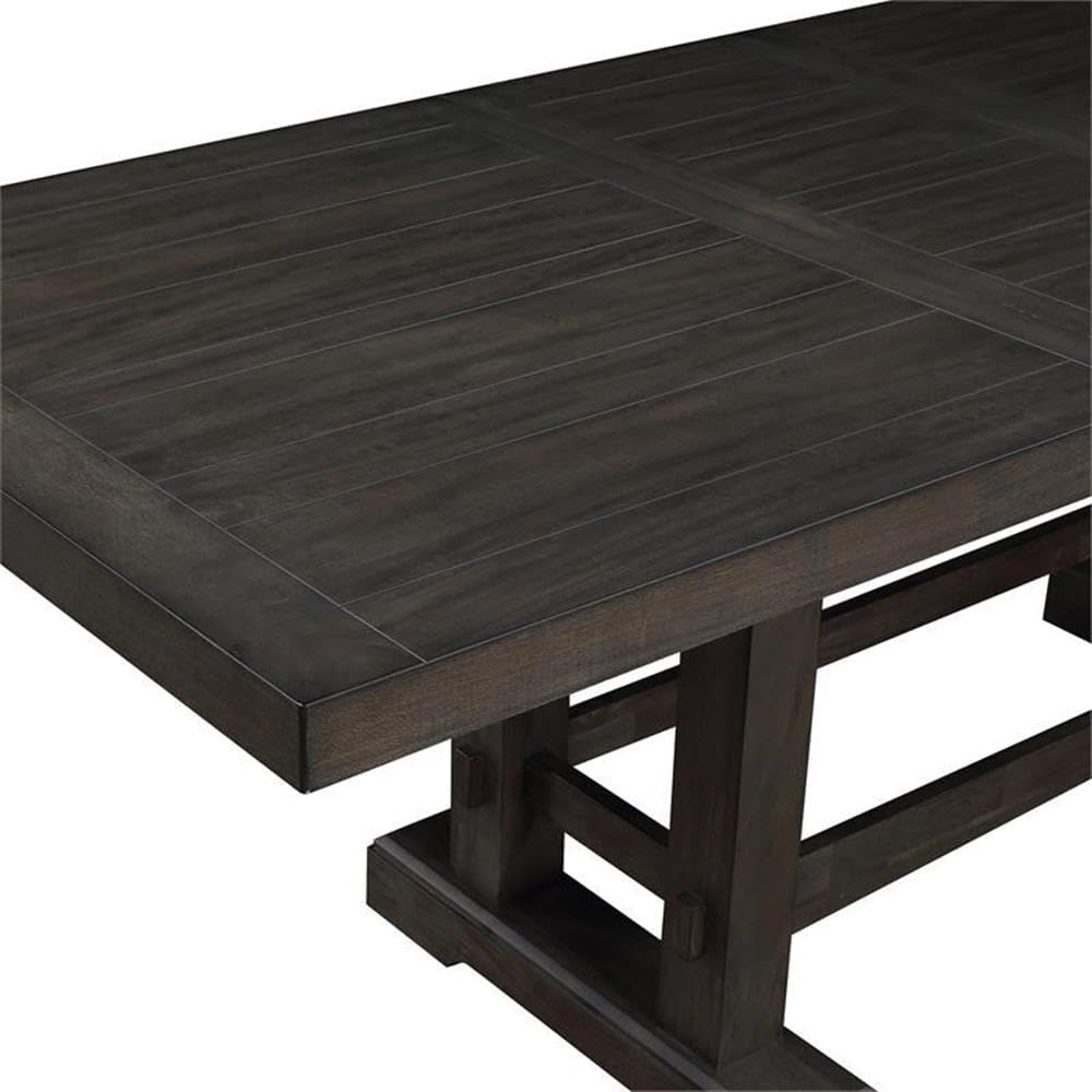Pemberly Row 9-Piece Counter Height Dining Set, Dusky Cedar Brown Finish, Solid Wood and Upholstered Chairs, Plank-Effect Table with Double Pedestal Base, Expandable to 108 in, Farmhouse Style Dining