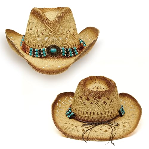Image of YOUBADU Western Straw Cowboy and Cowgirl Hats with Decorative Bands - Unisex Wide Brim Raffia Style Sun Hat