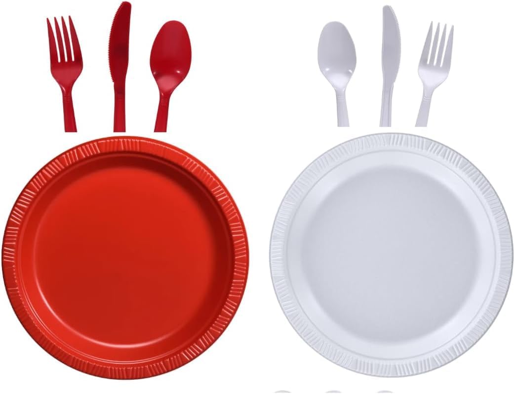 (96 PC) Red White Cutlery Utensils (48) Set Matching Plastic 7-in. Dessert Plates Disposable Paper Plate Round Tableware Premier Quality Party Supplies Dinner Cake Food Bulk Wedding Birthday