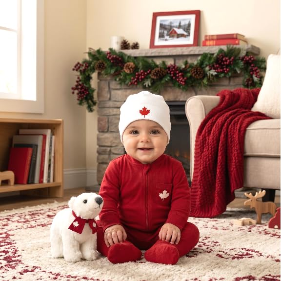 2-Piece Baby Canada Set, Custom Handmade Canada Maple Leaf Long Sleeve Footed Zippered Baby Bodysuit and Hat Set (Bright Red, 3-6 months) - Image 5