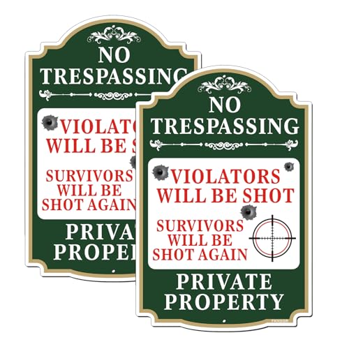 FKNSGR No Trespassing Violators Will Be Shot Sign 2 Pack 12 x 8 inch Rust Free Aluminum Private Property Warning Sign UV Protected Fade Resistant