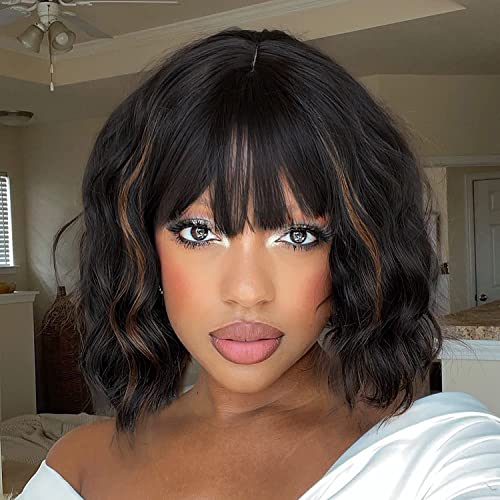 Entranced Styles Wavy Bob Wigs With Bangs For Women Black Mixed Brown Short Wavy Bob Curly Wig Synthetic Natural Looking Heat Resistant Fiber Wig #TOP15