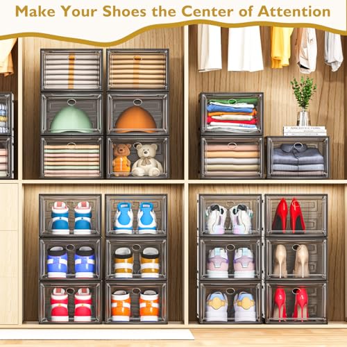 12 Pack Clear Shoe Storage Organizer with Magnetic Door, Stackable Plastic Shoe Boxes for Sneakers, Boots, and Heels, Space-Saving Foldable Shoe Rack for Closet, Durable Shoe Cabinet Organizer, Black