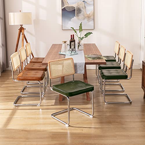 Image of Zesthouse Natural Rattan Dining Chairs Set of 4, Mid Century Modern Dining Room Chairs with Chrome Leg, Faux Leather Kitchen Chair with Solid Wood Back & Cane Mesh, Breuer Cesca Design Inspired, Green
