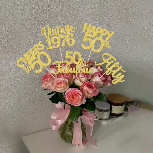 Image of 15 PCS 50th Birthday Centerpiece Sticks Fifty Happy 50th Vintage 1976 Table Flower Centerpieces Sticks Cheers to 50 Fabulous Floral Decorations for 50th Birthday Party Centerpieces Supplies Gold