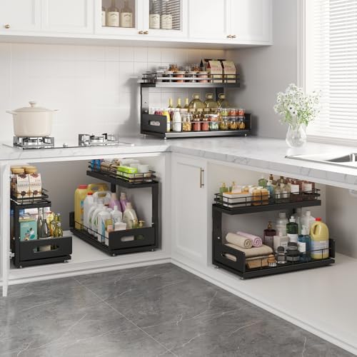 Image of Under Sink Organizer Upgrade To Professional Rails,2-Tier Dual Pull Out Cabinet Storage,Height Adjustable Slide Out Drawers For Bathroom Kitchen,2 Pack-18.5 inchDx12.8 inch-16.9 inchH,Black