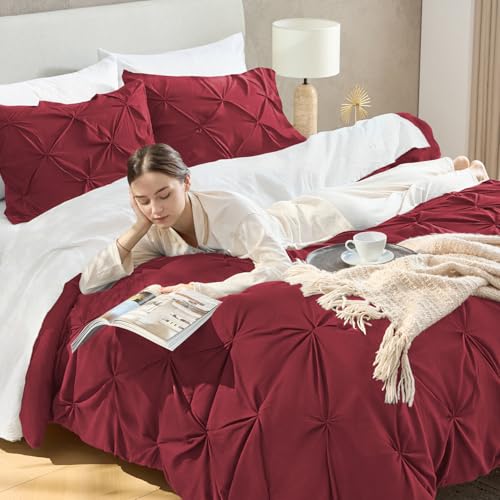 Image of Andency Full Pinch Pleat Comforter Set (79 inchx90 inch),3 Piece Lightweight Pintuck Bedding Comforters & Sets, Fluffy Down Alternative Comforter with 2 Pillow Shams for All Season,Burgundy